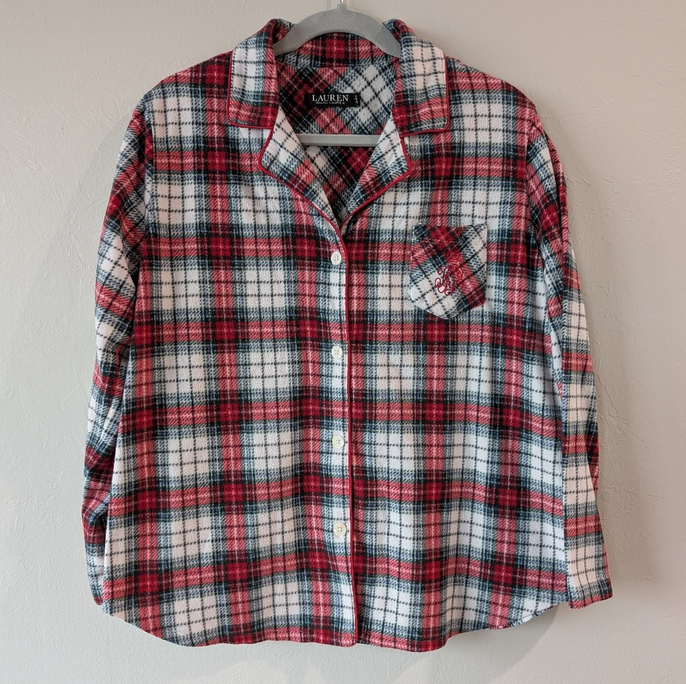 Lauren Ralph Lauren Fleece Plaid Top Size L Stretch Collared Soft Warm